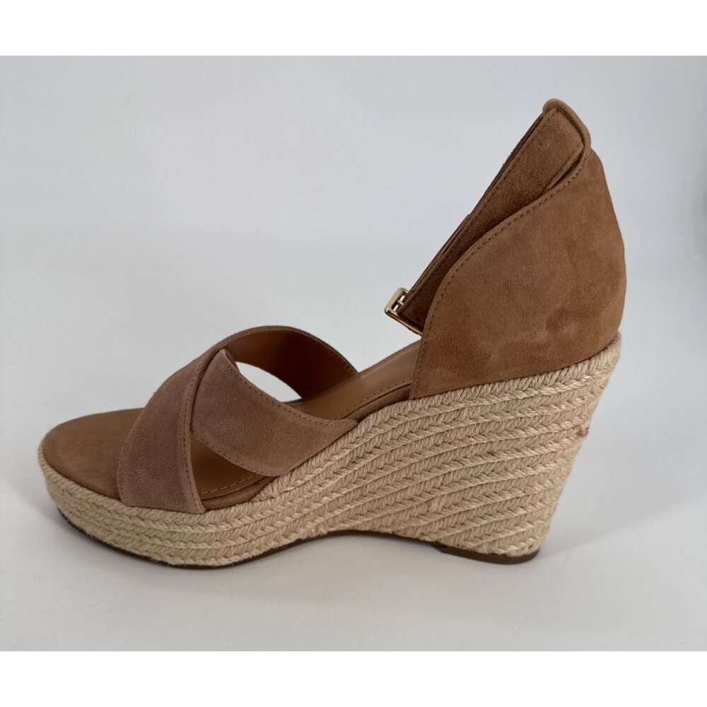 Lisa Vicky Wedge Sandals Cognac Suede 9.5 Cross-Strap Espadrille Heel - Picture 4 of 10
